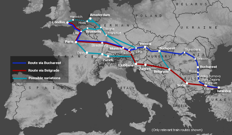 Options of railway route from Istanbul to London